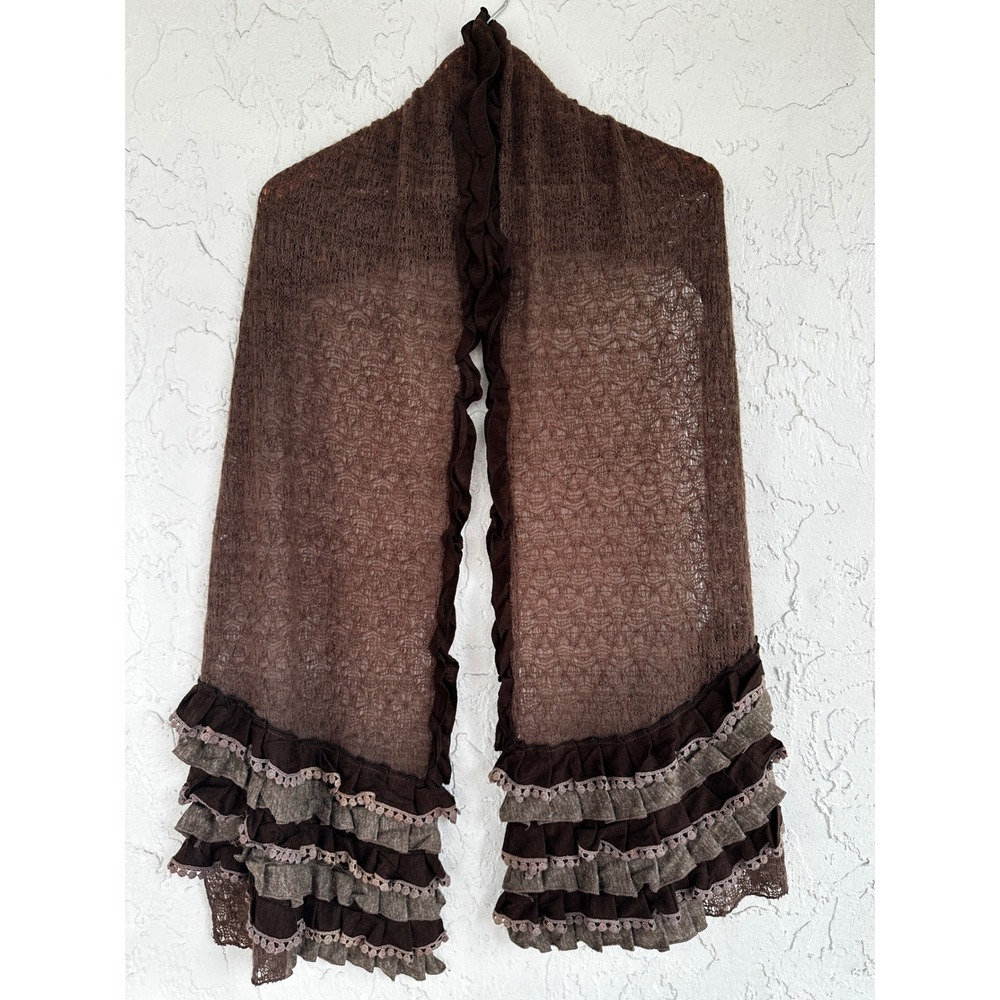 Brown Sheer Knit Ruffle Scarf Tiered Crochet Trim Bohemian Whimsigoth Wrap‎